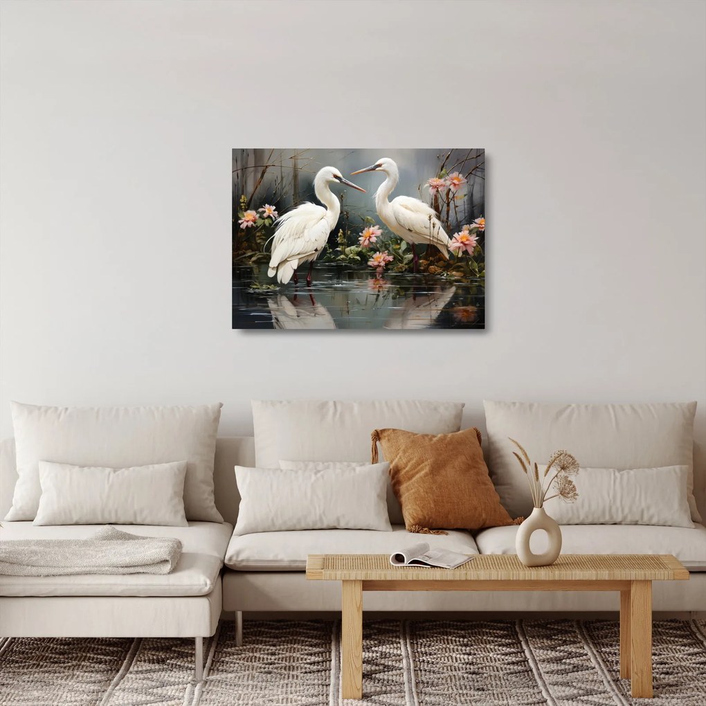 Üveg kép - Fehér darvak (70x50 cm)