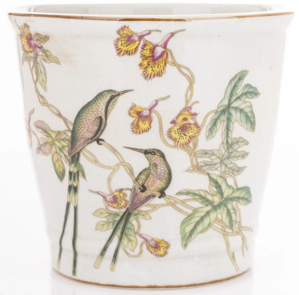 Törtfehér vintage szögletes porcelán 3db-os virágtartó kaspó szett kolibrikkel festve 12x13,5x13,5 / 17,5x16x16 / 21x23x23cm