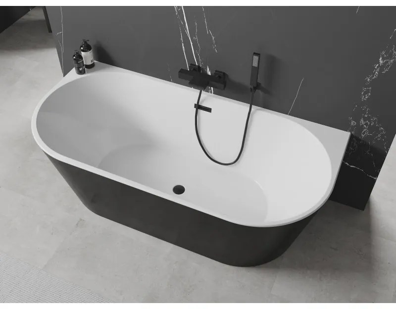 Mexen Oval, szabadon álló fali kád 180 x 80 cm, fehér-fekete, fekete matt túlfolyó, 52671808075-70