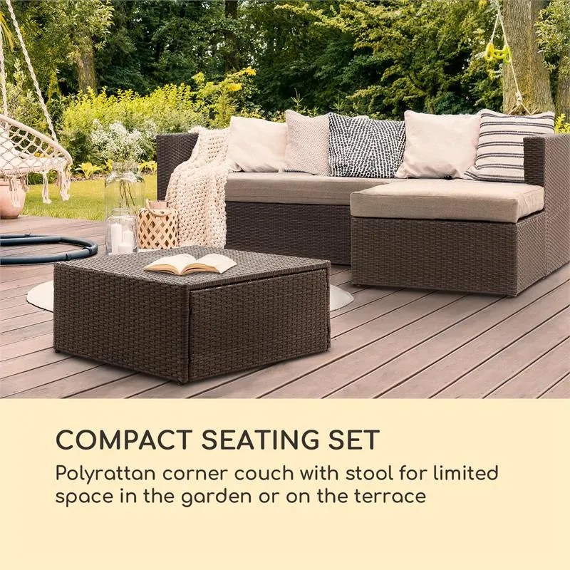 Blumfeldt Theia Lounge Set, kerti ülőgarnitúra, sarok kanapé, asztal, 5 párna, barna