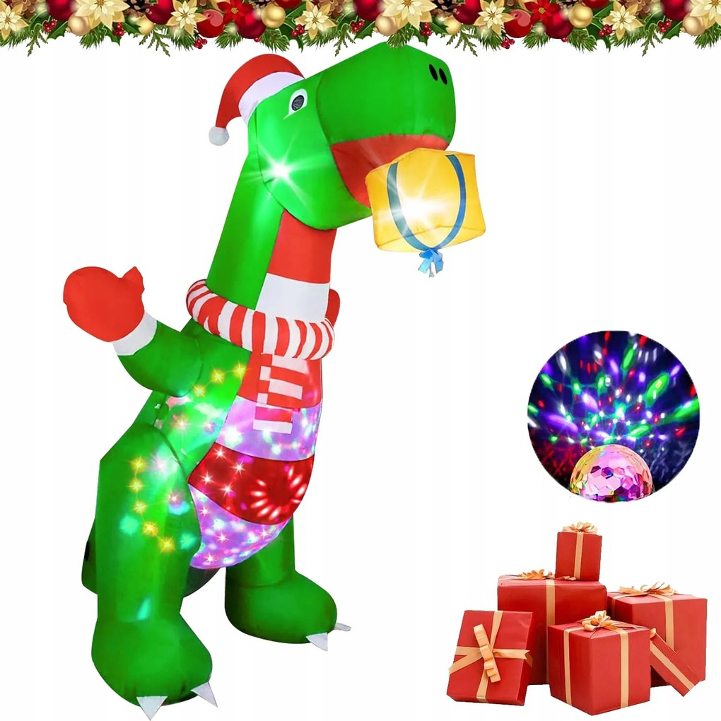 XXXL Felfújható dinoszaurusz alakú karácsonyi dekoráció LED-del 2.4m