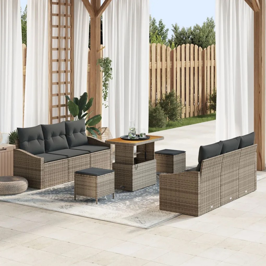 9 Részből álló Kertibútor Szett Párnákkal Szürke Poli Rattan Akác, 2-személyes Kertibútor Párnákkal Szürke Poli Rattan, 3 Részből álló Kert Étkező Szett Párnákkal Szürke Poli Rattan Akác