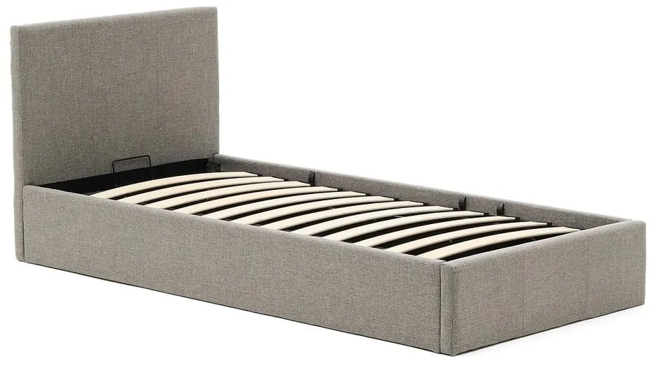 Szürke kárpitozott ágyneműtartós egyszemélyes ágy ágyráccsal 90x200 cm Nahiri – Kave Home