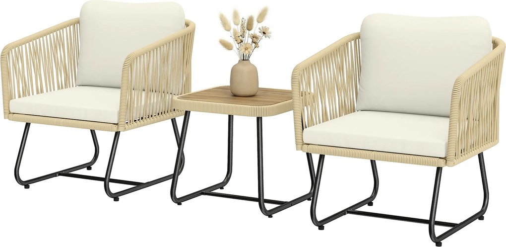 Outsunny 3 részes rattan bisztró szett akác lamellás asztallal és 2 párnázott székkel, krémfehér | Aosom
