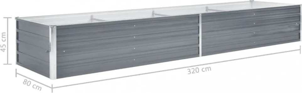 Szürke horganyzott acél kerti virágtartó 320 x 80 x 45 cm