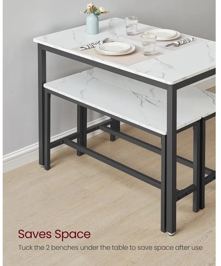 VASAGLE étkezőasztal szett 4 fő részére, konyhaasztal 2 paddal, márványfehér és tintafekete színben