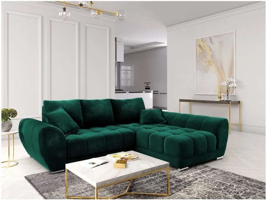 Nuage palackzöld kinyitható sarokkanapé bársony kárpittal, jobb oldali - Windsor &amp; Co Sofas