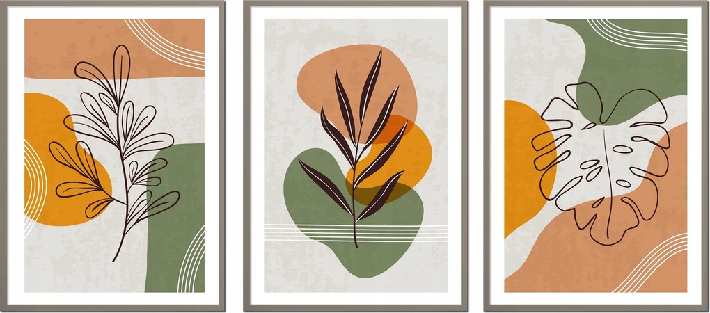 Triptyk 3 Db-os Kép Szett Keretben levelek virágok absztrakt P2487_53x43