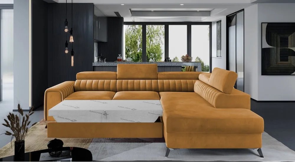Sárga bársony kinyitható-tárolóhelyes sarokkanapé (jobb oldali-L alakú) Laurence – ELTAP