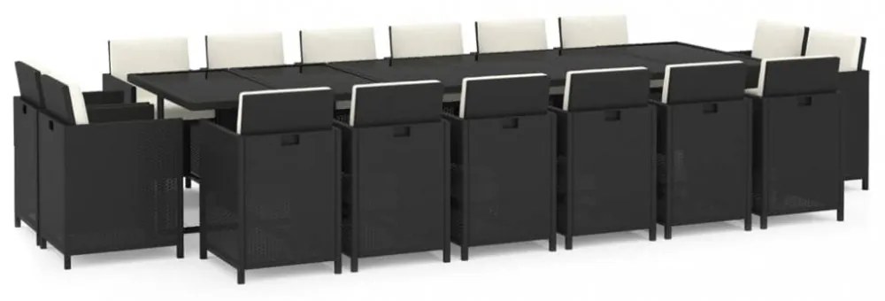 17 részes fekete polyrattan kerti étkezőgarnitúra párnákkal