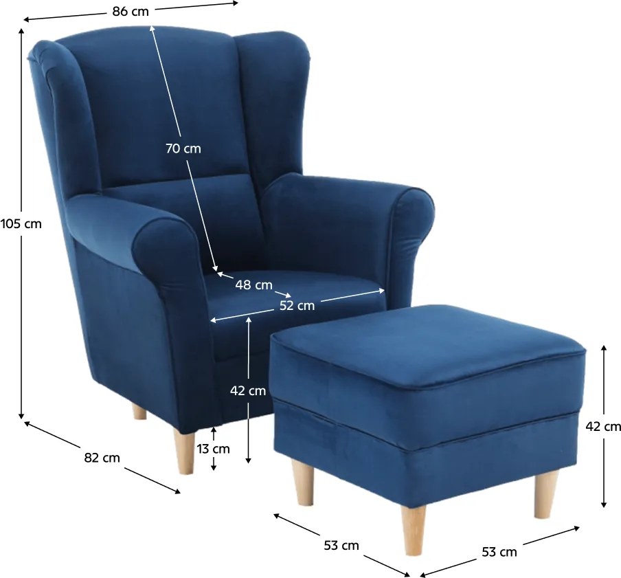 Füles fotel puffal, szövet kék, ASTRID