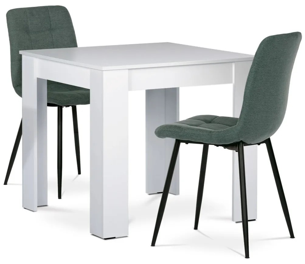 Set de sufragerie 1+2, masă 80x80 cm, MDF alb, scaune cu tapițerie din material verde