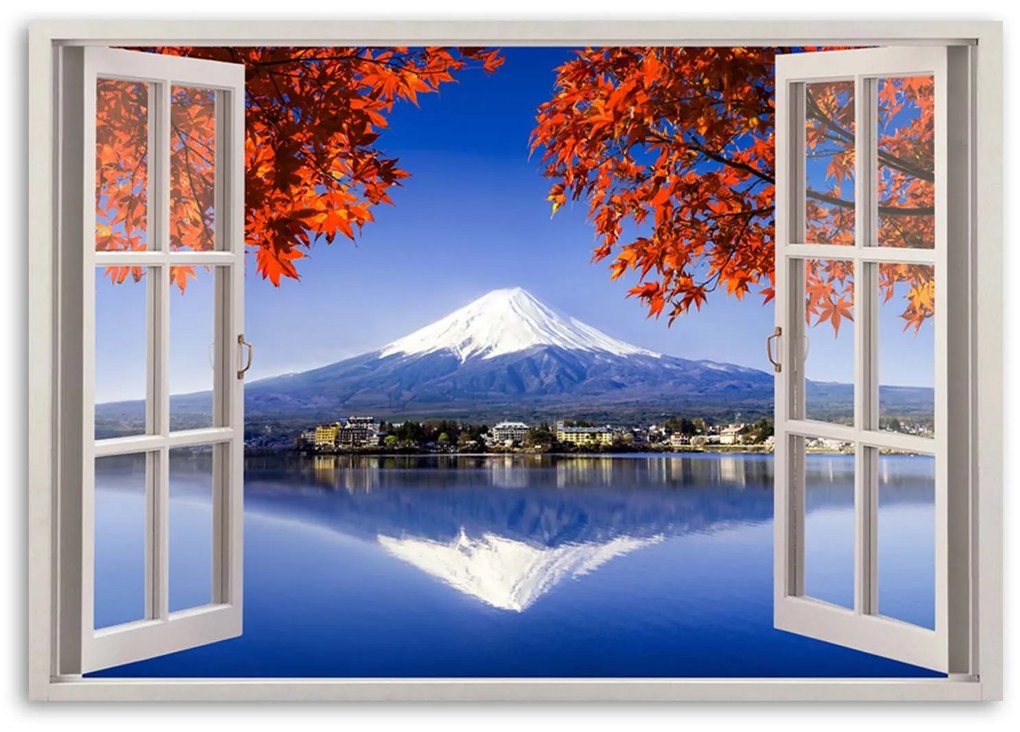 Gario Vászonkép Ablak - fuji vulkán Méret: 100 x 70 cm