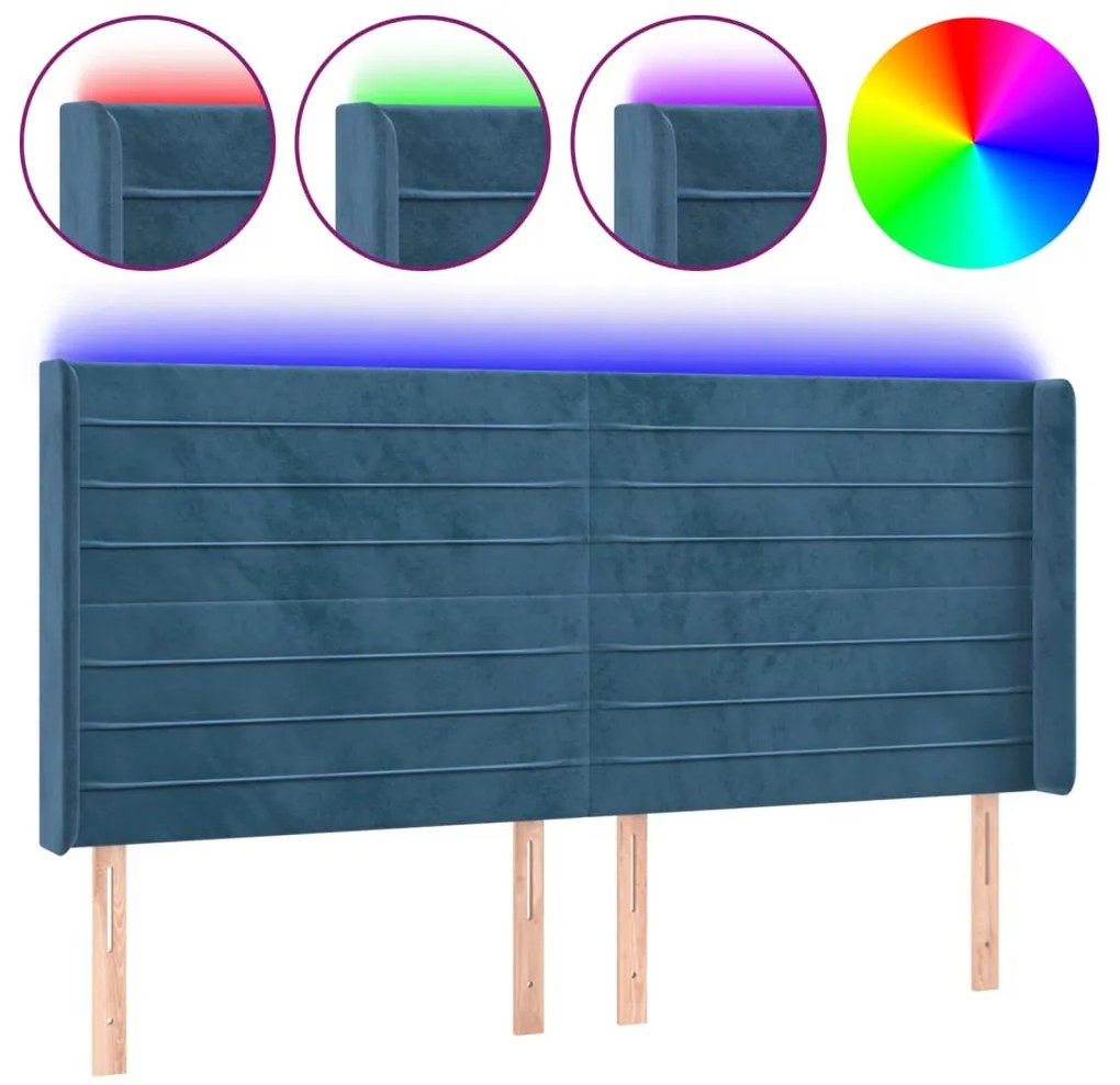 sötétkék bársony LED-es fejtámla 183x16x118/128 cm