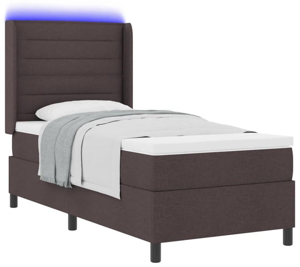 Boxspring Ágy Matrac és LED Sötétbarna 90x200 cm Szövet