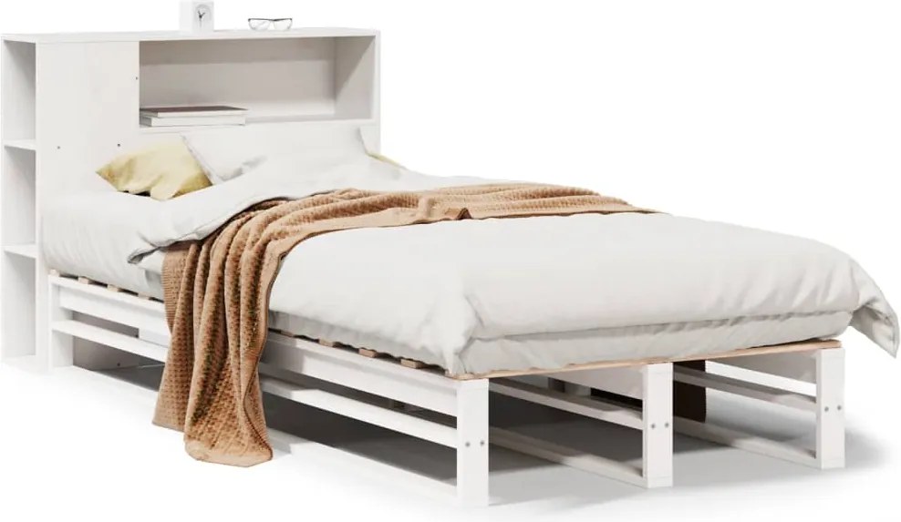vidaXL fehér tömör fa könyvespolcos ágy matrac nélkül 75 x 190 cm