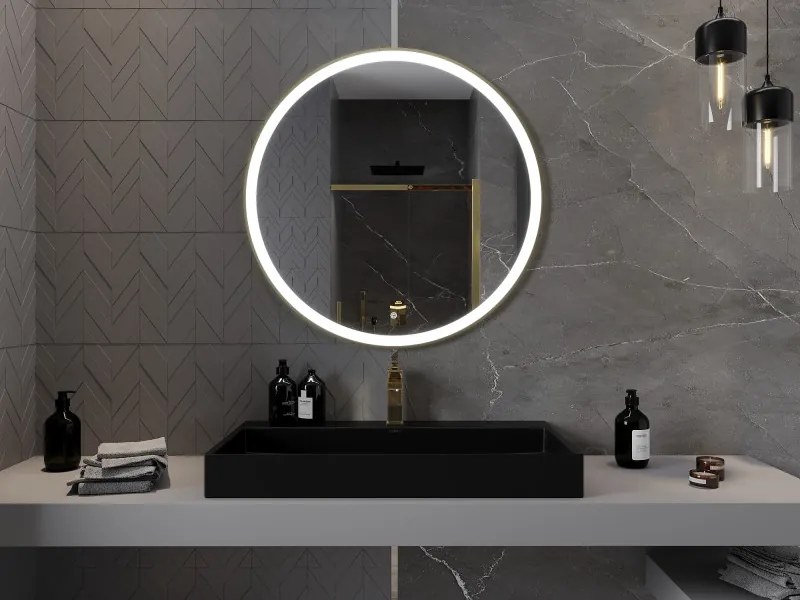 Mexen Esso kerek LED háttérvilágítású fürdőszobai tükör 90cm 6000K páramentes fűtőbetét arany keret 9825-090-090-611-50