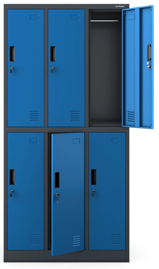 Fémöltözőszekrény – IGOR 6 ajtós szekrény, 900 x 1850 x 450 mm, antracit-kék