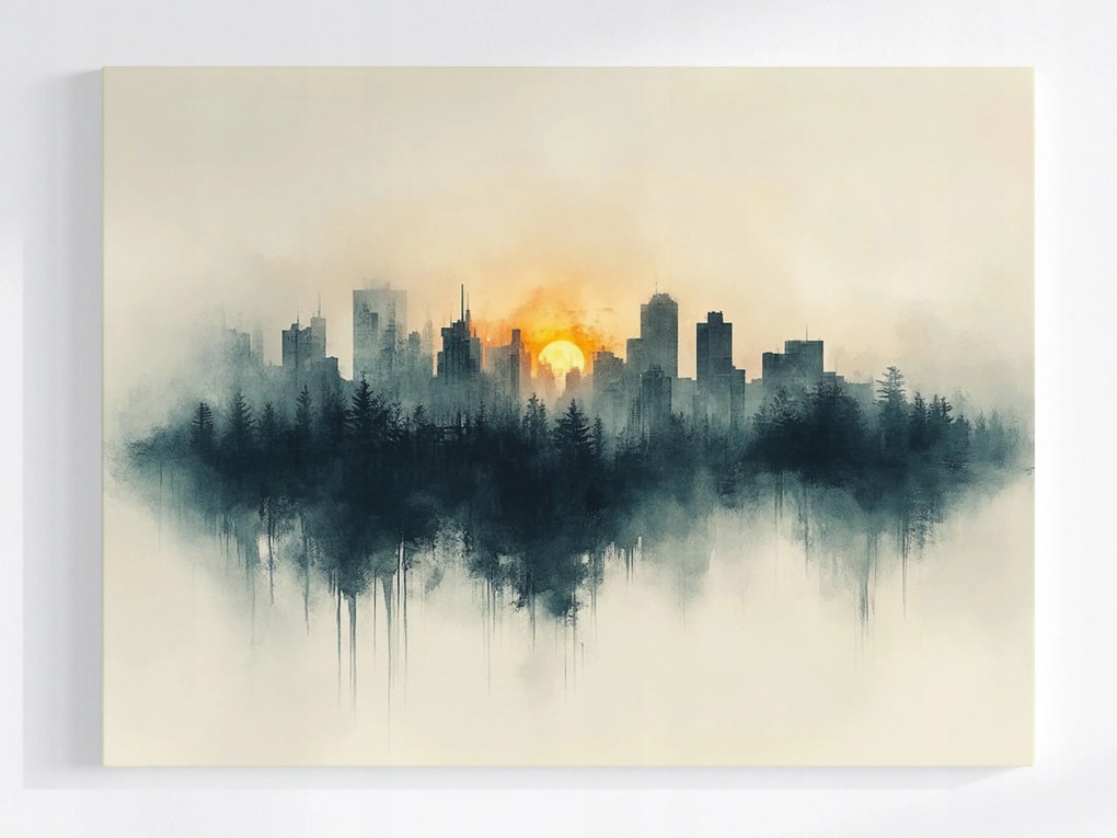Vászonkép Canvas Grafika Város Panoráma Nap Erdő Akvarell 80x60