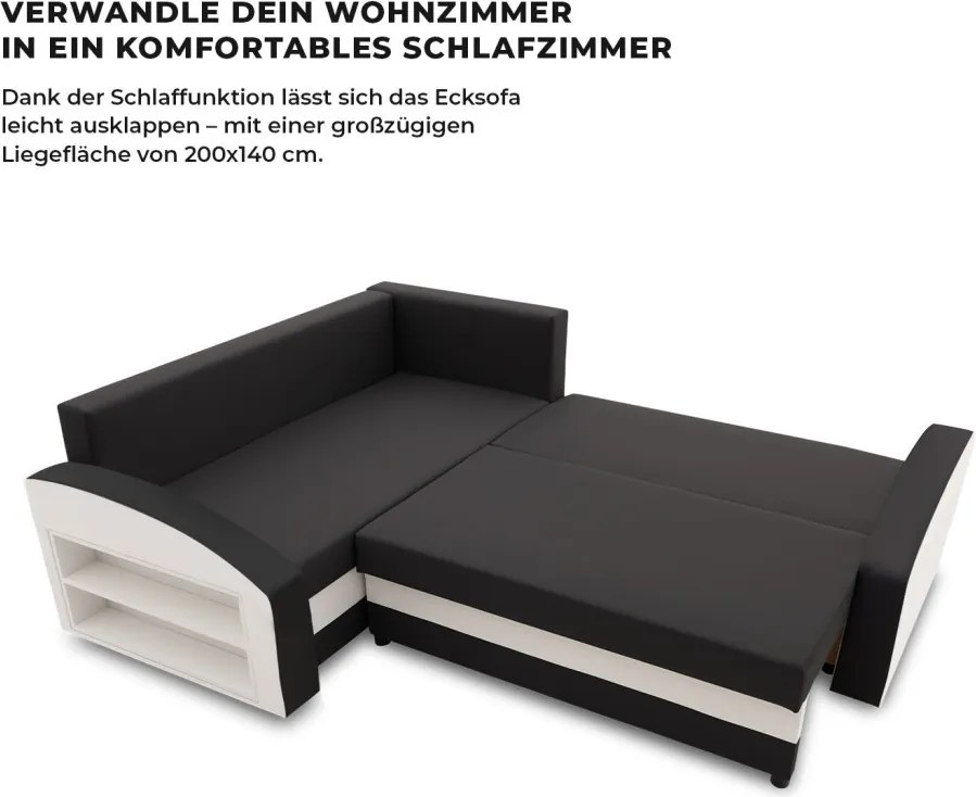 Grande sarokkanapé polcokkal , polc a bal karfaban, baloldali, szövet anyag, bonell töltet, fekete - fehér