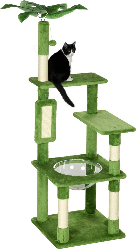 PawHut Több szintes macskaf(%k)(f)as, függőággyal, kaparóoszloppal, játékgolyóval és dekoratív levelekkel, plüss borítással, 49x49x142 cm, Zöld | Aoso