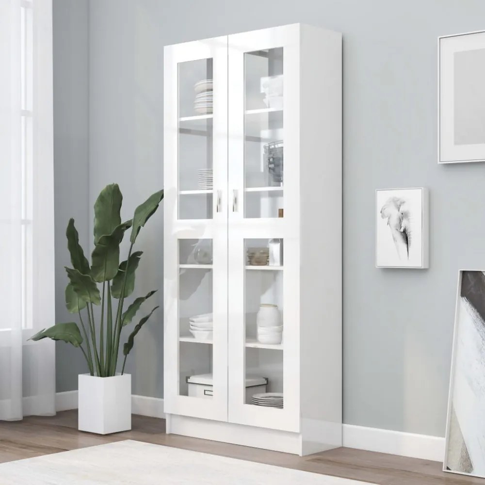 Magasfényű fehér forgácslap vitrinszekrény 82,5x30,5x185,5 cm