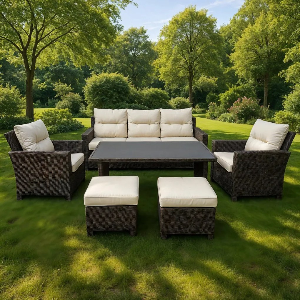 NAGY KERTI BÚTORSZETT (KANAPÉ, 2 FOTEL, 2 PUFF, ASZTAL) - BARNA, PÁRNÁK - BÉZS