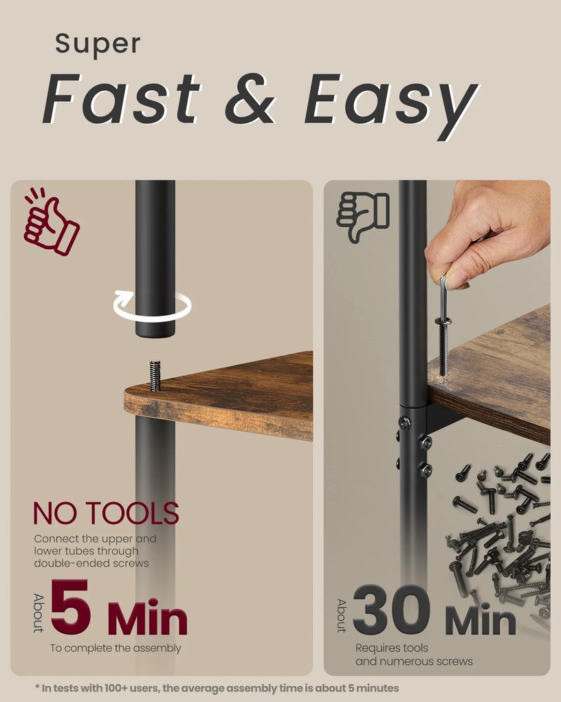 Szerszám nélküli, gyorsan összeszerelhető, 6 polcos tárolószekrény, barna/fekete