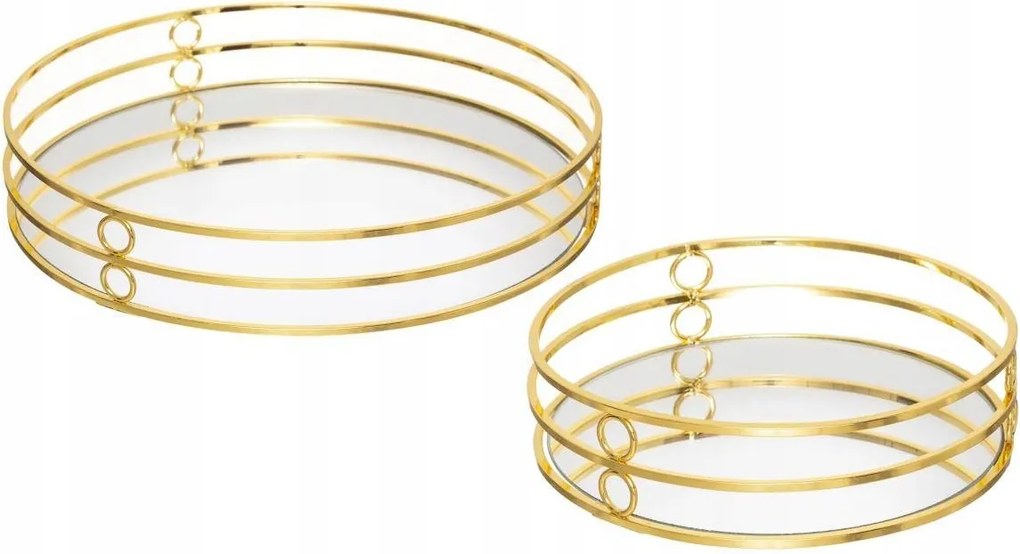 Fém tálca tükörrel arany kerek szett 2db