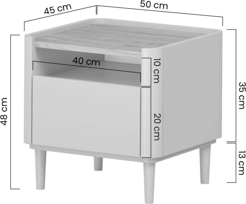 Elivo éjjeliszekrény 50 cm fiókkal, fém lábakon - eukaliptusz / baltic dune tölgy
