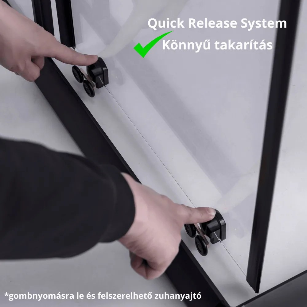 Stuxi Nizza Black 130x70 falsíkra szerelhető 3 oldalú tolóajtós zuhanykabin 6 mm vízlepergető biztonsági üveggel, fekete elemekkel, 200 cm magas