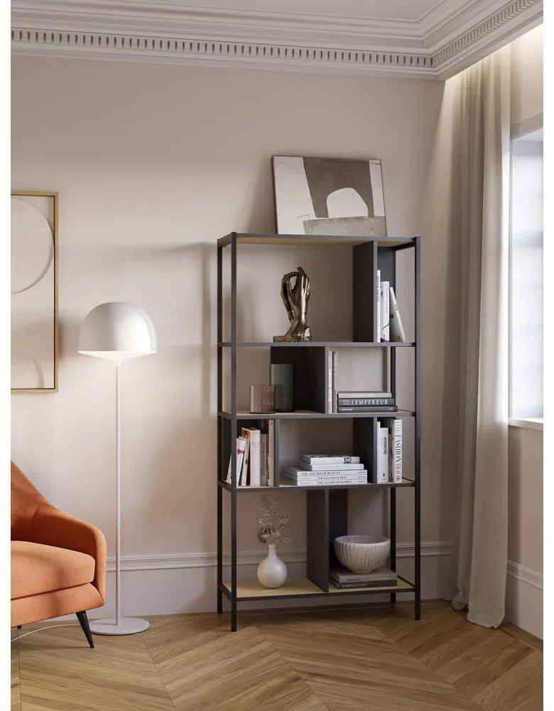 Fekete-natúr színű könyvespolc tölgyfa dekorral 88x175 cm Alabama – Marckeric