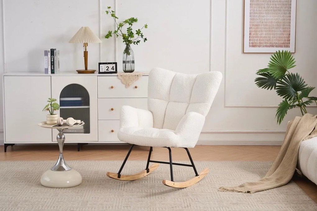 Hintaszék, relaxációs szék, szoptatós fotel plüss szövet kárpitozással, fehér színű