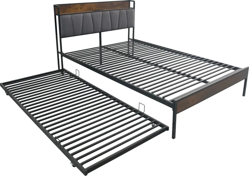 Ágy ágyráccsal és kihúzható pótággyal, 160x200, fekete/szürke, NORDO