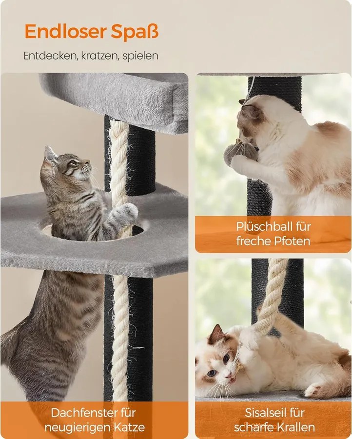 Nagy, Többszintes Macskabútor XXL 55 x 55 x 186,7 cm, szürke, fekete