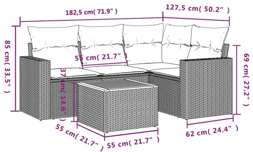 5 részes szürke polyrattan kerti ülőgarnitúra párnákkal