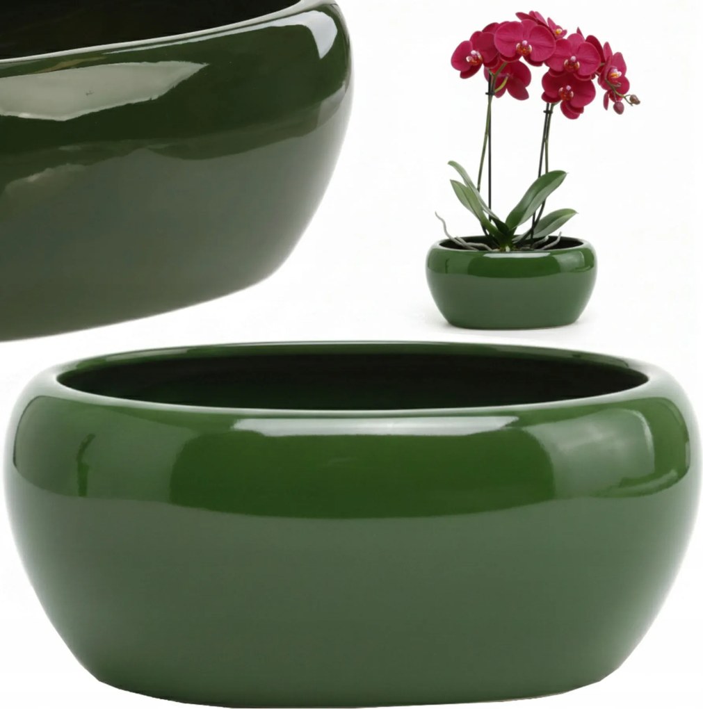 Kerámia kaspó hosszúkás zöld fényes Ø 23x12 cm H 13 cm vintage