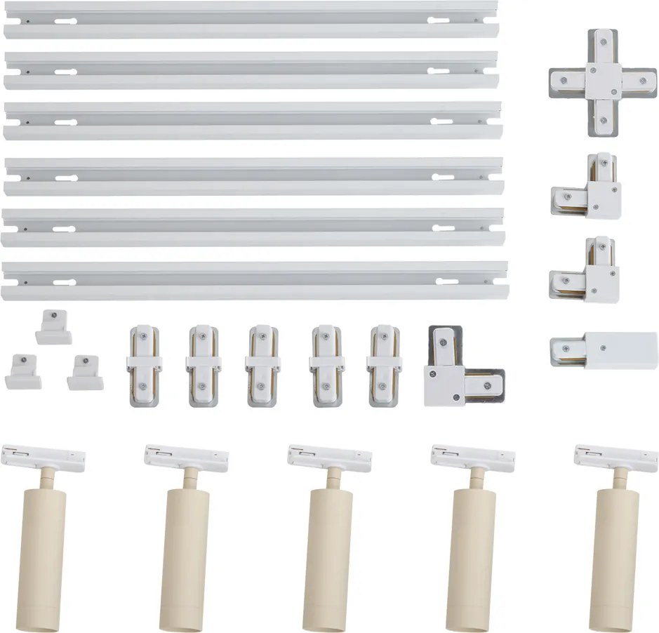 Modern sínrendszer 5 spotlámpával, fehér és bézs színben, 1 fázisú GU10 35mm - Iconic Jeana Luxe