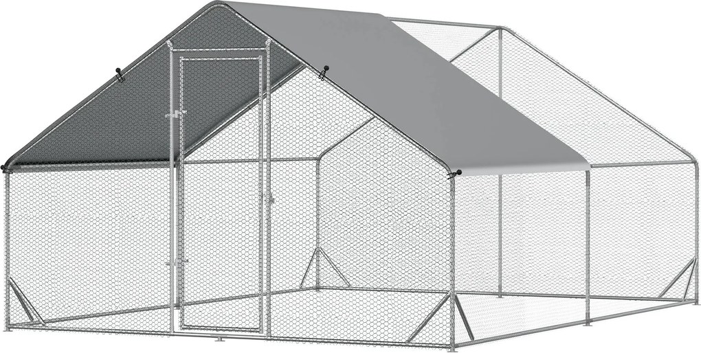 PawHut Külső Tyúkól Futótér, Acél, 300 x 400 x 200 cm Tyúk Ketrec Takarással, Ajtóval, 8-12 Tyúkhoz, Kisállatokhoz, Ezüst | Aosom