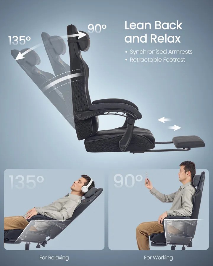 Ergonomikus játékos szék lábtartóval, karfákkal, tintafekete