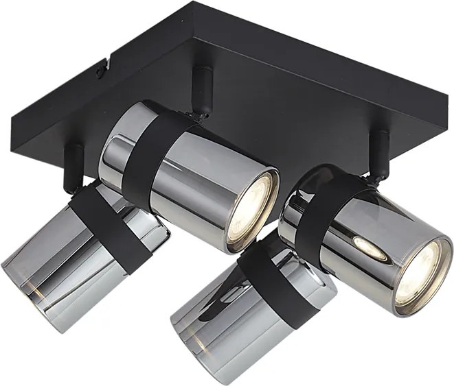 Fekete mennyezeti spotlámpa füstüveggel, 4 lámpás, forgatható és dönthető - Gianni