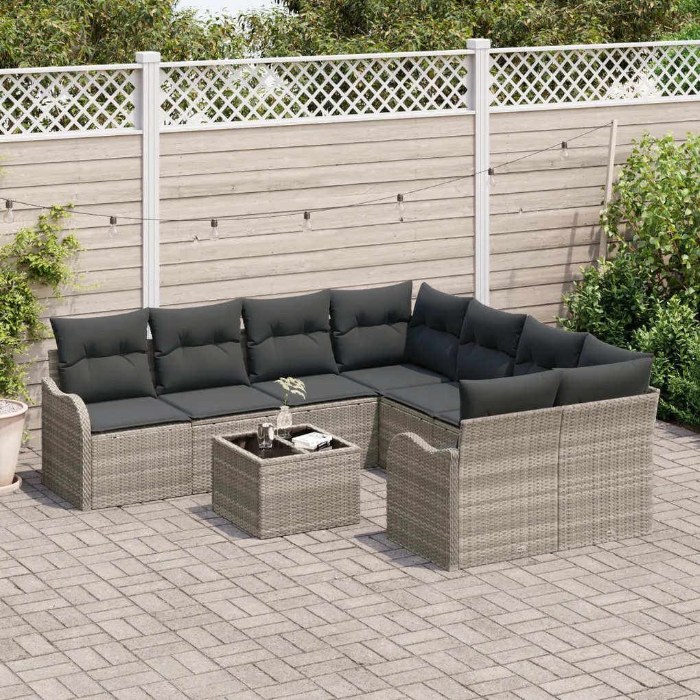 9 Darabos Kert Sofa Szett Párnákkal Világosszürke Poli Rattan