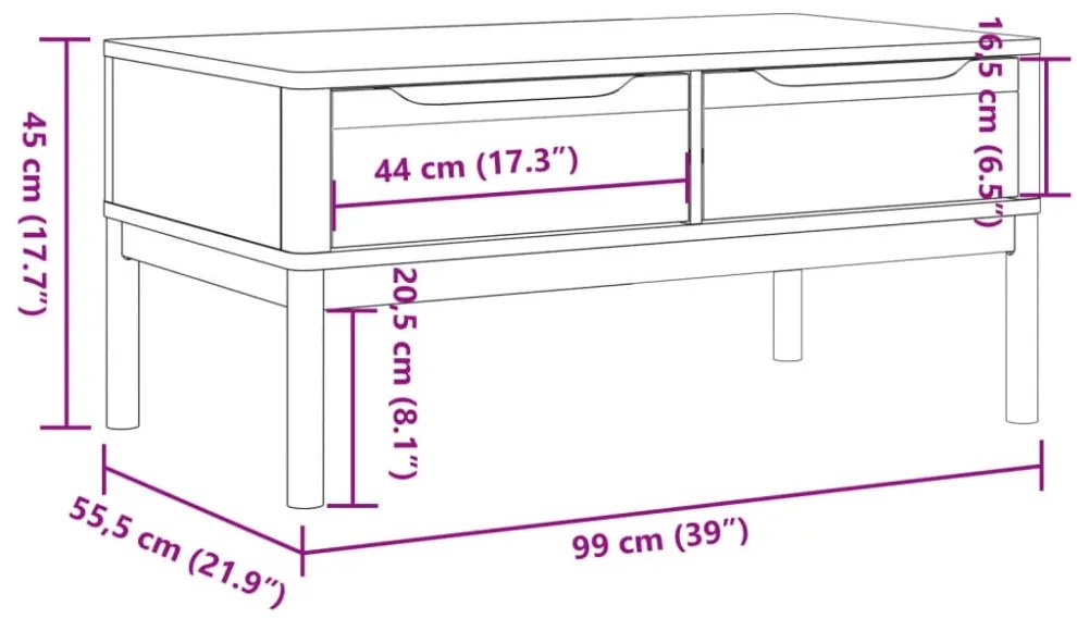 FLORO fehér tömör fenyőfa dohányzóasztal 99 x 55,5 x 45 cm