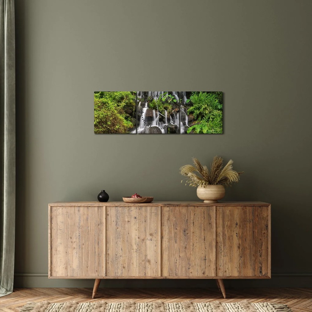 Egy kép a vízesésekről egy trópusi erdőben (órával) (90x30 cm)