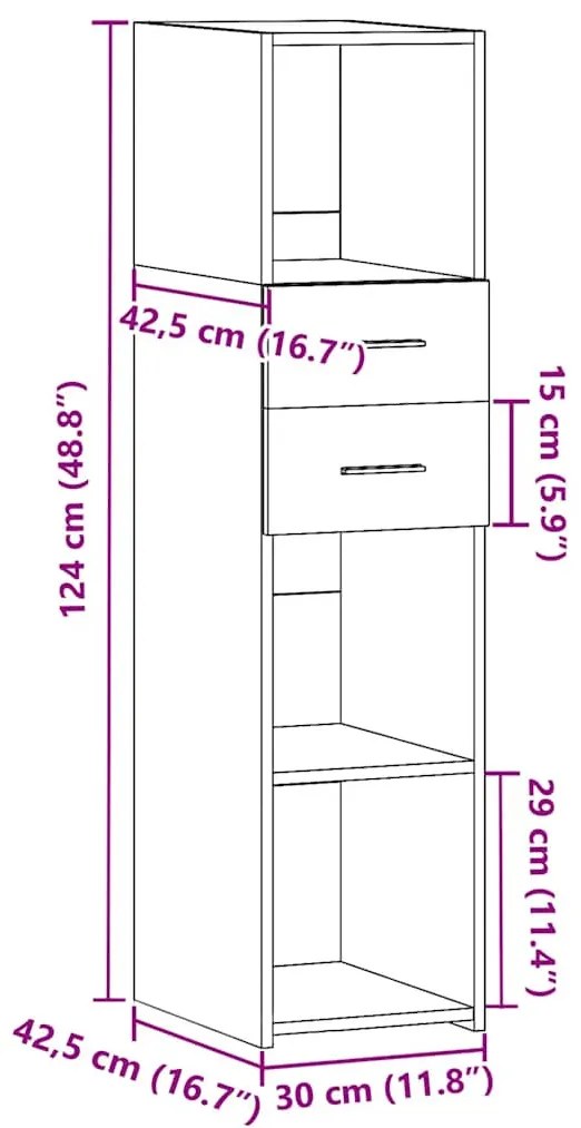 betonszürke szerelt fa magasszekrény 30 x 42,5 x 124 cm