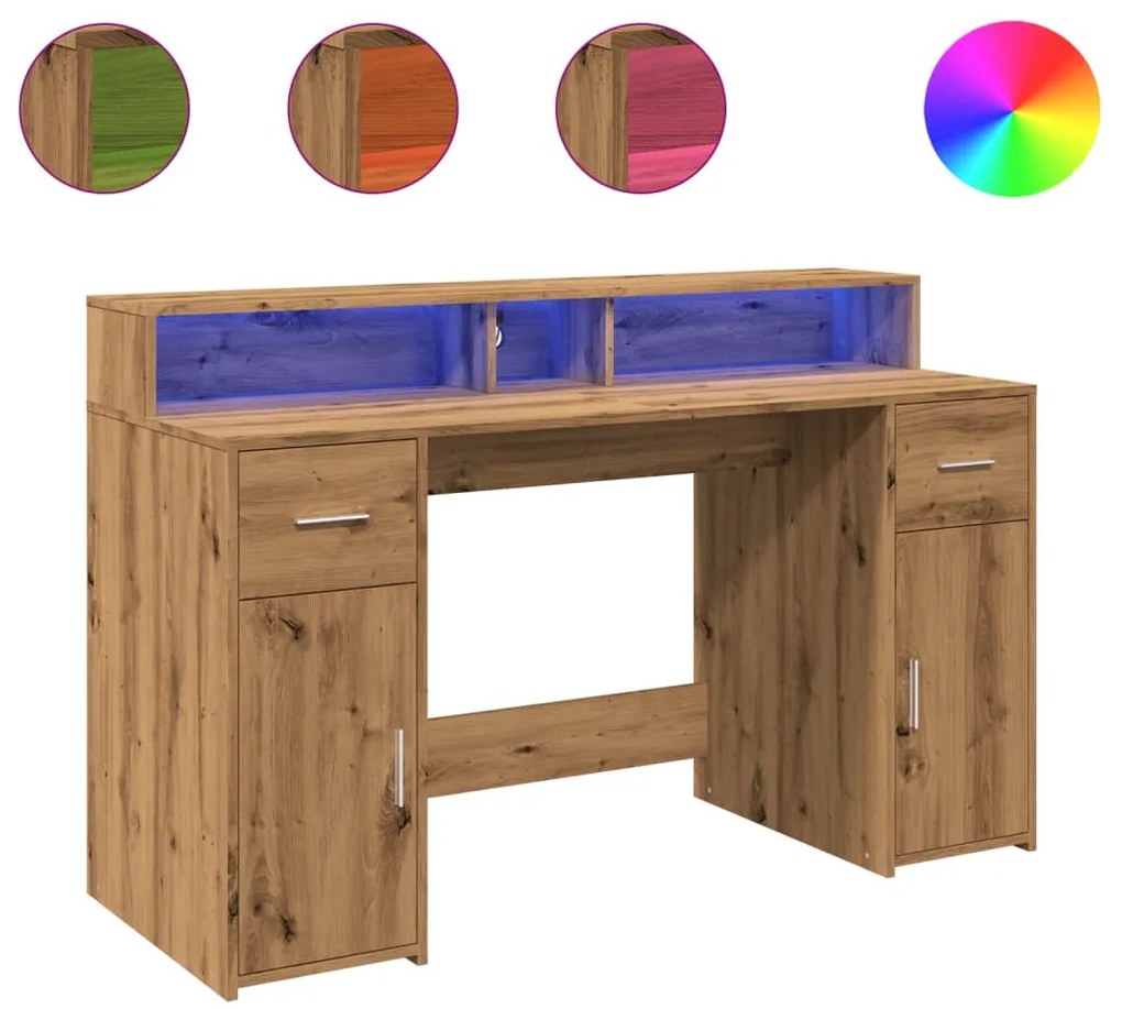 kézműves tölgy színű szerelt fa LED-es íróasztal 140x55x91 cm