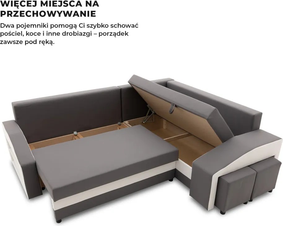 Grande sarokkanapé polcokkal és puffokkal , polc a bal karfaban puffok a jobb karfaban, jobboldali, szövet anyag, hab töltet, szürke - fehér