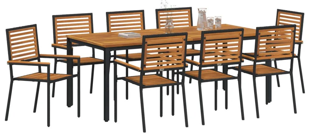 9 Részes Kerti Étkezőszett Fekete Poli Rattan Akácia, Egymásra Rakható Kerti Székek Párnákkal 2 db Fekete Poli Rattan, Kerti Asztal 200x90x75 cm Tömör Akácia Fa és Fém
