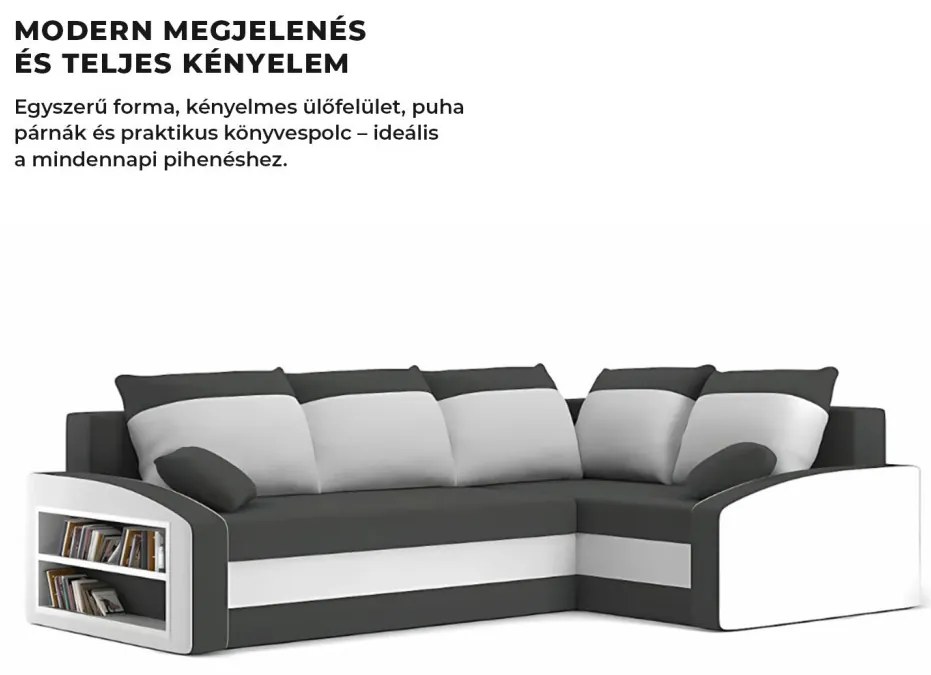 Grande sarokkanapé polcokkal , polc a bal karfaban, jobboldali, szövet anyag, hab töltet, szürke - fehér
