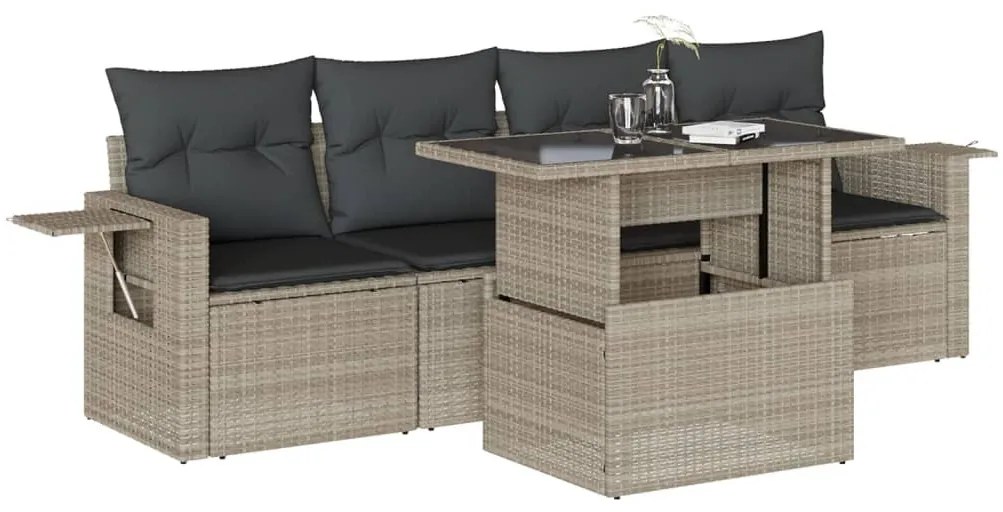 5 részes világosszürke polyrattan kerti ülőgarnitúra párnákkal